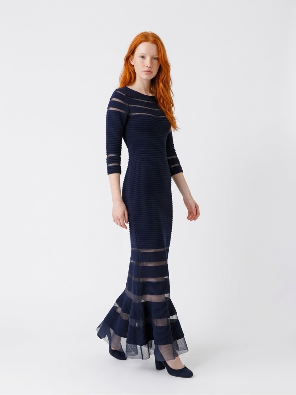 Tadashi Shoji Navy Sheer-Stripe Ribbed Mermaid Maxi Dress